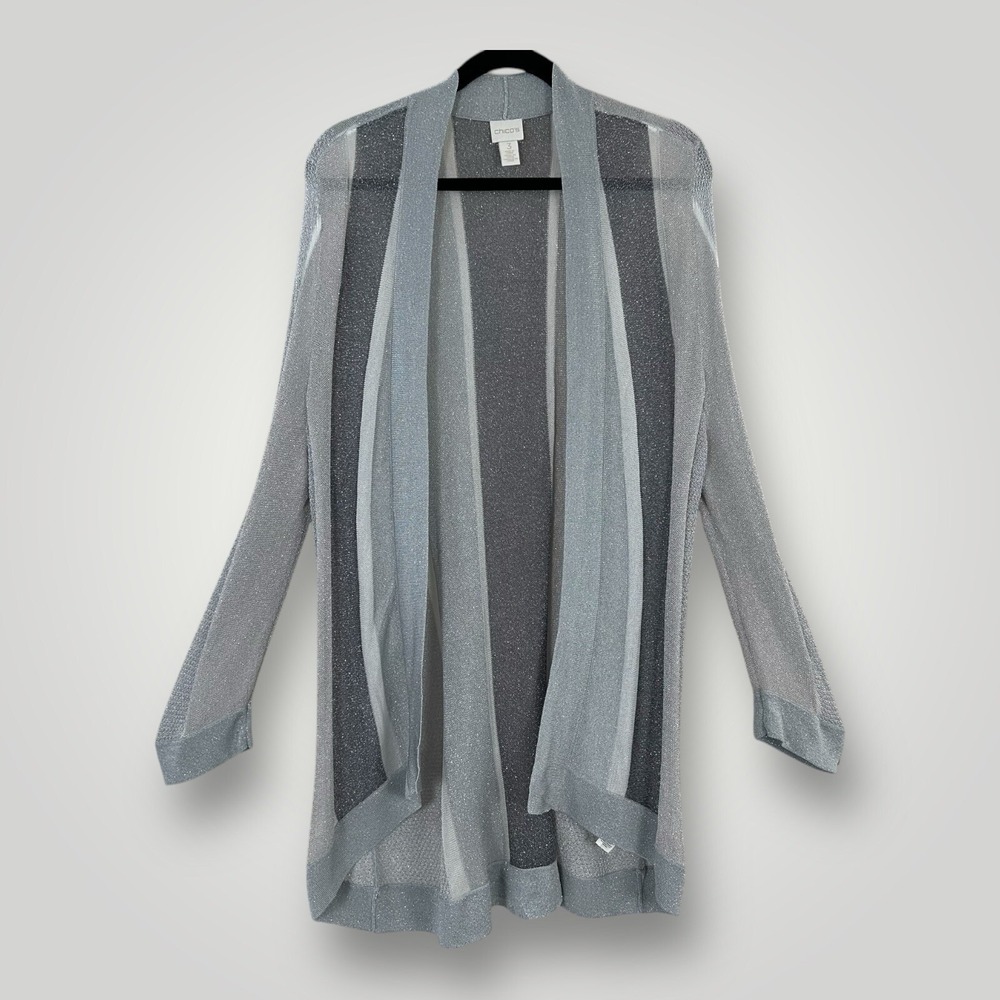 Chico's Cardigan Sweater Gray Metallic Womens 3 (XL) Sparkle Long Sleeves Sheer